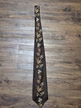 Vintage 70s Brown Dino Orsini Leaves Bird Tie
